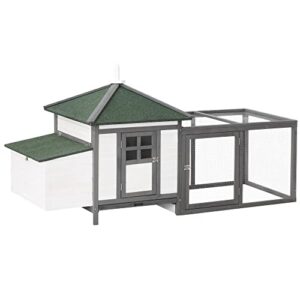 PawHut Poulailler Cottage Multi-équipement perchoir Rampe pondoir enclos tiroir à déjection 196L x 76l x 97H cm Bois Massif pin Gris Blanc