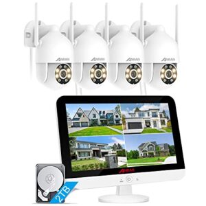 [Caméra avec Lumière] ANRAN 5MP Kit Caméra de Surveillance WiFi Extérieur, 8CH Système de Caméras de Sécurité sans Fil avec 13" Moniteur avec 4 Caméras Dôme Pivotant à 360, Fonction Intercom, 2TB HDD