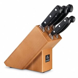 AUSONIA - 96428 BLOC EN BOIS TEINTE CERISIER 5 COUTEAUX FORGÉS EN ACIER INOX AISI 420 ET MANCHE ATOXIQUE EN POLYPROPYLÈNE. LES COUTEAUX SONT LES SUIVANTS : COUTEAU DE CUISINE DE 21 CM, COUTEAU À PAIN DE 24 CM, COUTEAU DE CUISINE DE 10 CM, COUTEAU À JAMBON DE 26 CM, COUTEAU À RÔTI DE 24 CM