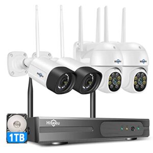 【PTZ+5MP】 Kit Caméra de Surveillance WiFi Extérieure,20M Vision Nocturne Colorée,Hiseeu Kit Vidéo Surveillance 10CH NVR 1To HDD et 4X5MP Caméra, Détection Mouvement,Audio 2 Voies,Alarme Son Lumieuse