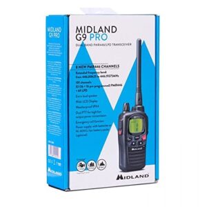 Midland G9 Pro Dual Band Radio Talkie Walkie Émetteur-Récepteur 40 Canaux PMR446 et 69 Canaux LPD, Incluant 4 Batteries Rechargeables 1.2V/1800 mAh AA Ni-MH, Chargeur, Clip de Ceinture et Oreillette