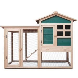PRIVATE GARDEN Poulailler 2 à 4 Poules avec Enclos - Clapier - Cage à Lapins ou Rongeurs XXL 2 Étages en Bois Canadien - Vert et Beige