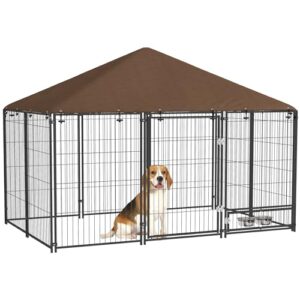 PawHut Chenil extérieur Niche pour Chiens en Acier et Tissu Oxford avec Support gamelle et Toit résistant aux intempéries Espace spacieux 211 x 141 x 151 cm Noir et Marron
