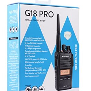 Midland G18 Pro Talkie-walkie Radio bidirectionnel 99 canaux PMR446 sans Licence, certifié IP67, Batterie Li-ION, Chargeur de Bureau, Clip de Ceinture, certifié UKCA, Prise Britannique, Noir