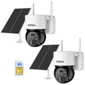 Xega 3G/4G LTE Caméra Surveillance Solaire Extérieure sans Fil PTZ Caméra, 2K HD Vue à 360°, Capteur de Mouvement PIR, Vision Nocturne, Conversation Bidirectionnelle, Carte SIM Incluse (2 Pièces)