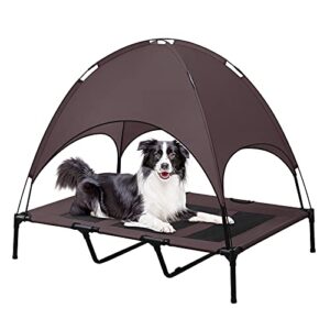 BRIAN & DANY Lit Surélevé pour Chien avec Parasol, Niche Marron Confortable en Tissu Oxford 1680D Durable pour Camping, Plage avec Sac de Transport, Marron