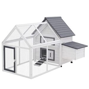 PawHut Poulailler clapier modèle Villa Multi-équipée : Rampe, nichoirs, perchoirs, Plateau excrément, 2 Portes Bois Massif pin Gris Blanc