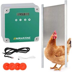 Agrarzone Porte de poulailler automatique | avec minuterie et capteur de lumière | fonctionne sur secteur ou sur piles | pour un élevage de poulets sécurisé (Avec trappe 30 x 40 cm)