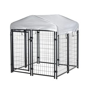 Pawhut Chenil d'extérieur avec Toit 120x120x138 cm Chenil pour Chien en métal avec Porte verrouillable pour Le Jardin et Le Patio Silver