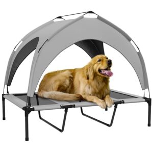 PawHut Lit Chien surélevé, lit de Camp pour Chien, velum en Taffetas, lit pour Chien, Tissu textilène Micro-perforé + Sac de Transport Inclus, Facile à Assembler, 106 x 76 x 94 cm, Gris