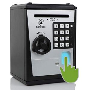 Fimleiy Tirelire électronique pour Enfants pour garçons et Filles - Verrouillage par Mot de Passe et Confirmation d'empreinte Digitale - (Noir/Argent)
