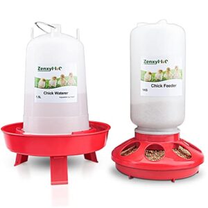 Abreuvoir et Mangeoire pour Poussins Kit, Mangeoire Poules 1 L et Abreuvoir Poules 1.5 L avec 3 Pieds, Hauteur Reglable pour Canards Poussins
