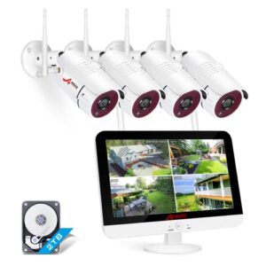 [Enregistrement Audio/Vidéo] ANRAN 5MP Kit Caméra de Surveillance WiFi Extérieure sans Fil, 13" Moniteur et 4X 5MP Caméra IP 8CH NVR, Détection de Mouvement, Vision Nocturne avec Audio, 2To Disque Dur
