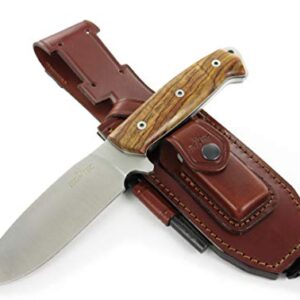 JEO-TEC Nº1 Couteau de Camping, Randonnée Chasse Outdoor Survie Bushcraft Multifonctionnel, Lame inox Bohler N690C, Étui de transport en cuir position multiple, Fabriqué en Espagne