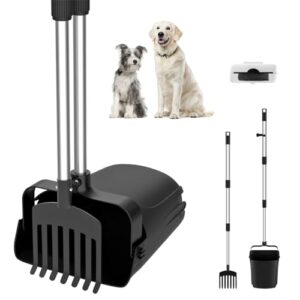 VavoPaw Kit de Ramasse Crotte et Râteau, Pelles Ramasse-crottes pour Chiens avec 20 Sacs Poubelle, Pelle à Déjections Rotative avec Longue Poignée Réglable pour Jardin Pelouse Cour Chenil, Noir