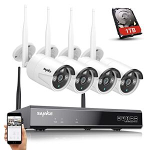 SANNCE Système de caméra de Surveillance sans Fil 8CH 5MP WLAN NVR avec 1 To, 4 x 3MP IP Caméra de surveillance extérieure, Détection Perosnne, 30 Mètres Vision Nocturne avec Audio