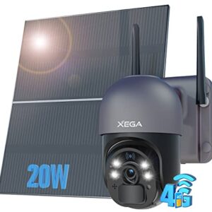 Xega 3G/4G LTE Caméra Surveillance Solaire avec 20W Panneau Solaire 20,000mAh Batterie 2K Caméra Extérieure sans Fil [Enregistrement 24/7], Vision Nocturne Colorée, Détection de Mouvement PIR, IP66