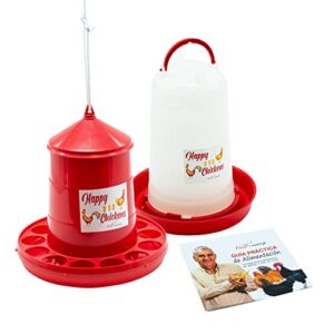 Pack Mangeoire 4 Kg et Abreuvoir 5 L pour Poules et Autres Volailles - Plastique robuste - Corde Incluse pour Trémie - Guide Pratique d'Alimentation des Poules Inclus