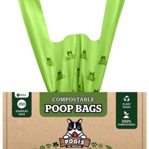 Pogi's Sacs à déjections canines compostables – 250 sacs à déjections canines avec poignées faciles à nouer, anti-fuites, à base de plantes, certifiés ASTM D6400