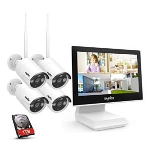 SANNCE Kit Système Vidéo Surveillance avec Moniteur LCD 10,1'' 4CH 5MP NVR avec 1TB, 4 x 3MP WiFi Caméras Kit de Surveillance sans Fil IP66 intérieures et extérieures