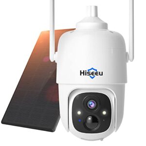Hiseeu Caméra de sécurité solaire à 360° sans fil alimentée par batterie vision nocturne couleur 5 dBi PTZ WiFi avec panneau solaire détection de mouvement PIR audio bidirectionnel étanchéité IP66
