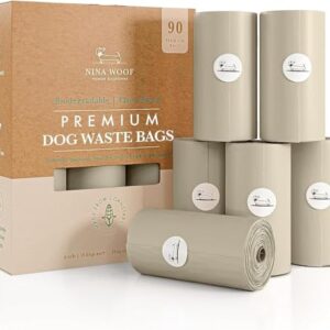 NINA WOOF Sacs à déjections canines – 90 sacs à déjections canines compostables et biodégradables pour promenades et voyages, recharge épaisse, sac à déjections d’animaux domestiques, sans parfum, 33
