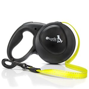 BLUZELLE Laisse pour Chien Grands jusqu'à 50kg, 8m Longue Longe Chien, Enrouleur de Sangle avec Jaune Bande Lumineux et Mousqueton 360° Métal, Frein de Rétraction, Poignée Ergonomique, Noir