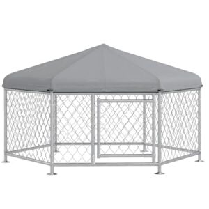 PawHut Chenil pour Chien extérieur, enclos Chien extérieur, 210 x 185 x 120 cm, avec Toit imperméable et Protection UV, enclos pour Chien, Porte verrouillable, Acier grillagé, Argent