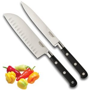 Set De Couteaux Professionnels Sabatier 2 Pièces - 13 Cm (5 Po) Santoku Et Couteaux Universels. Lame Full Tang. Acier Carbone Taillé Au Sol, De Haute Qualité.