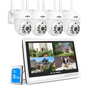 【PTZ+3TB HDD】 Hiseeu 5MP PTZ Kit Caméra de Surveillance WiFi avec 12" Moniteur 10CH 3To HDD NVR 4 PTZ Caméras Kit Vidéo Surveillance WiFi,Vision Nocturne Couleur,Détection de Mouvement,Audio 2 Voies
