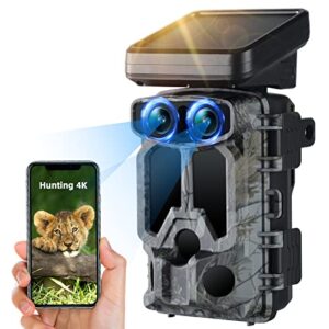 Camera de Chasse Solaire Double Objectif, 4K 30FPS 60MP Caméra de Chasse WiFi Bluetooth Vidéo H.265, Caméra Chasse Infrarouge Nocturne Étanche IP66 Grand Angle 120° Vitesse de Déclenchement 0.1s