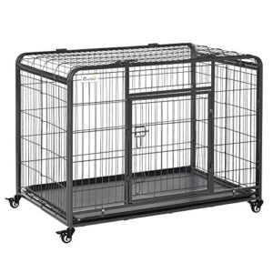 PawHut Cage pour Chien Pliable Cage de Transport sur roulettes 2 Portes verrouillables Plateau Amovible dim. 109,5L x 71l x 78H cm métal Gris foncé
