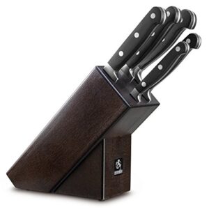 AUSONIA - 96429 BLOC EN BOIS TEINTE NOIRE 5 COUTEAUX FORGÉS EN ACIER INOX AISI 420 ET MANCHE ATOXIQUE EN POLYPROPYLÈNE. LES COUTEAUX SONT LES SUIVANTS : COUTEAU DE CUISINE DE 21 CM, COUTEAU À PAIN DE 24 CM, COUTEAU DE CUISINE DE 10 CM, COUTEAU À JAMBON DE 26 CM, COUTEAU À RÔTI DE 24 CM