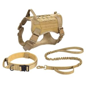 Harnais Tactique pour Chien de Grande Taille；avec Laisse et Collier Okinawa antidéflagrants；Gilets d'extérieur pour Animaux de Compagnie pour l'entraînement à la Chasse （Kaki XL）