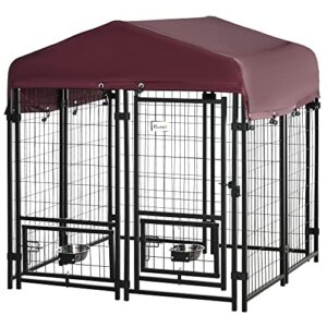 PawHut Chenil extérieur pour Chiens Parc à Chiot avec Toit en Tissu Oxford avec 2 Supports de Bol rotatifs 8 Panneaux Toit résistant aux intempéries 120 x 120 x 138 cm