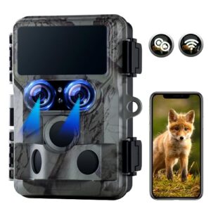 VOOPEAK Camera de Chasse WiFi Double Objectif, 4K 60MP Bluetooth Camera Chasse Nocturne Starlight, Caméra de Chasse Infrarouge Vidéos H.265 Vitesse de Déclenchement 0.1s Étanche IP66 Grand Angle 120°