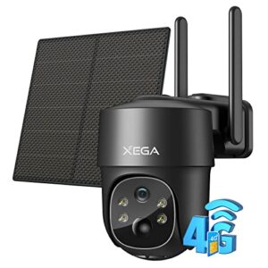 Xega 3G/4G LTE Caméra Surveillance Solaire avec Carte Sim, 2K HD 4G Caméra Extérieure sans Fil inclinable à 355°/90°, Caméra de Surveillance sans WiFi, Vision Nocturne, Détection de Mouvement, IP66