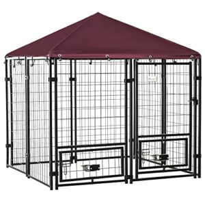 PawHut Chenil extérieur pour Chiens Parc à Chiot avec Toit en Tissu Oxford avec 2 Supports de Bol rotatifs 8 Panneaux Toit résistant aux intempéries 141 x 141 x 153 cm