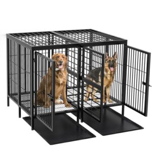 Cage Chien Grande Taille Métal: Caisse pour 2 Grand Chiens Intérieur XXL avec Diviseur Amovible Enclos Chien Extérieur - Parc Gros Chien sur Pied avec Double Plateaux 130x100x100cm