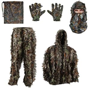 Zicac Tenue Camouflage Militaire Ghillie 3D Photo Animalière Chasse Gants Cagoule Ajustable pour Homme Femme (Taille 1.8m-1.9m)