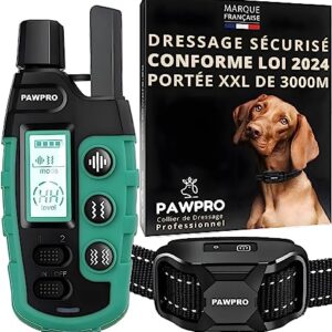 PAWPRO Collier de Dressage | Portée XXL de 3000m | Conforme Nouvelle Loi 2024 Bien-Être Animal | 3 Modes BIP, Vibration, Boost Vibration | pour Chiens de Toutes Tailles | Marque Française (1 Collier)