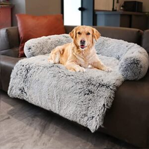 Lit pour Chien calmant imperméable, Tapis en Peluche pour Chien, Housse de Meubles pour Animaux de Compagnie avec traversin Doux, Lavable en Machine Gris argenté Grand