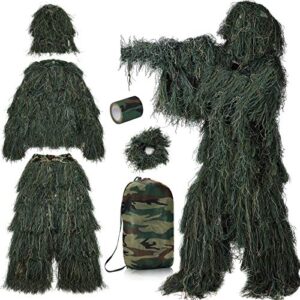 PELLOR Ghillie Suit Tenue Camouflage 3D avec Ruban Camouflage Auto Adhesif Filet Combinaison pour Chasse Affût Photographie Costume Veste Pantalon (Vert Fonce)