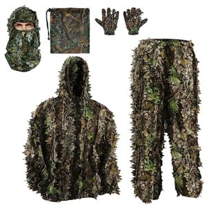 PELLOR Outdoor Tenue de Camouflage Gilly 3D Leaf Camouflage Masque Gants Sac de Rangement pour la Chasse en Plein air et la Photographie animalière (XL/2XL)